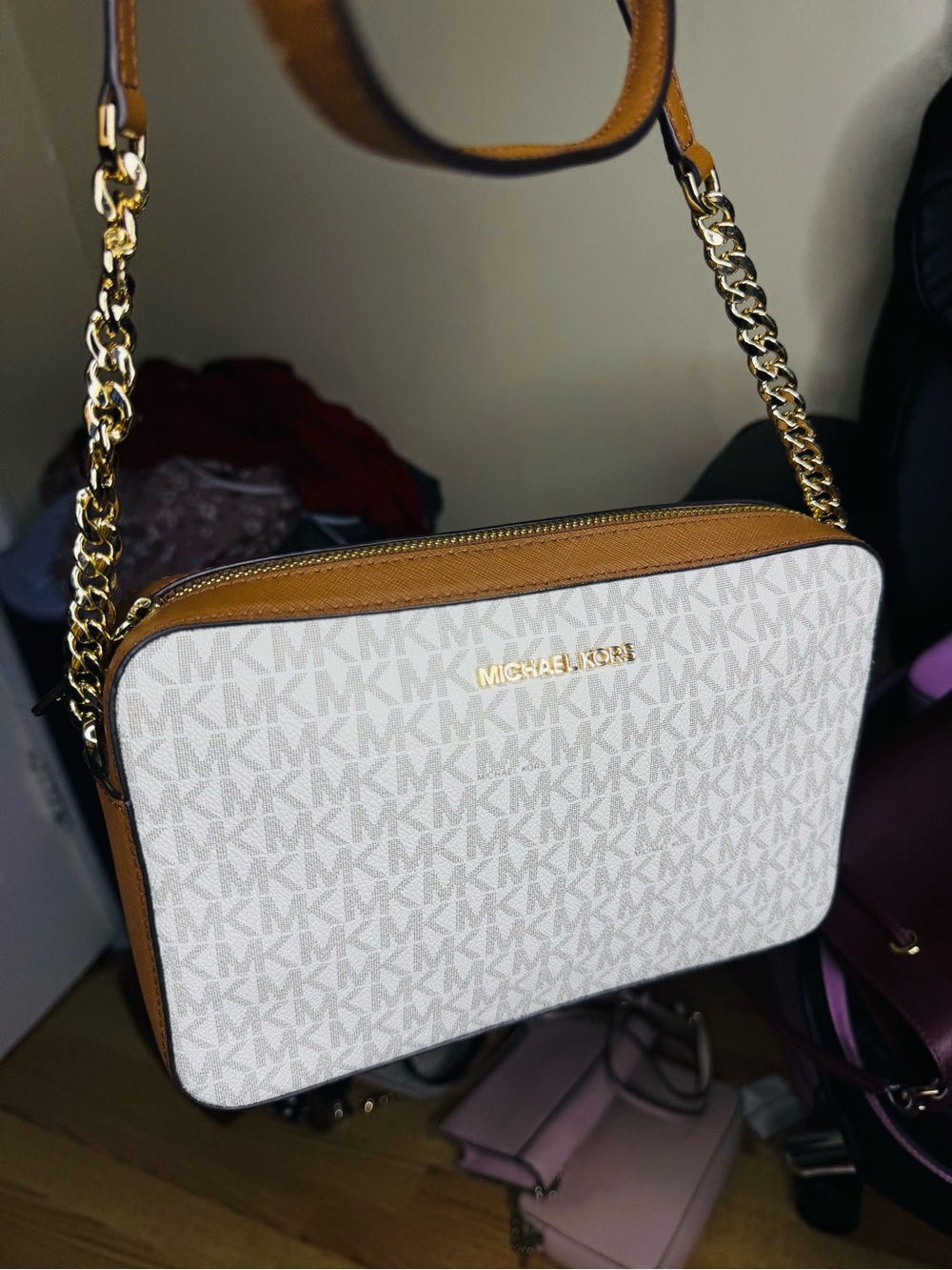Michael Kors White Logo Canvas Crossbody with Brown Trim and Gold Hardware